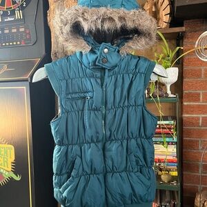 BONGO Teal Puffer Vest with Faux Fur Hood